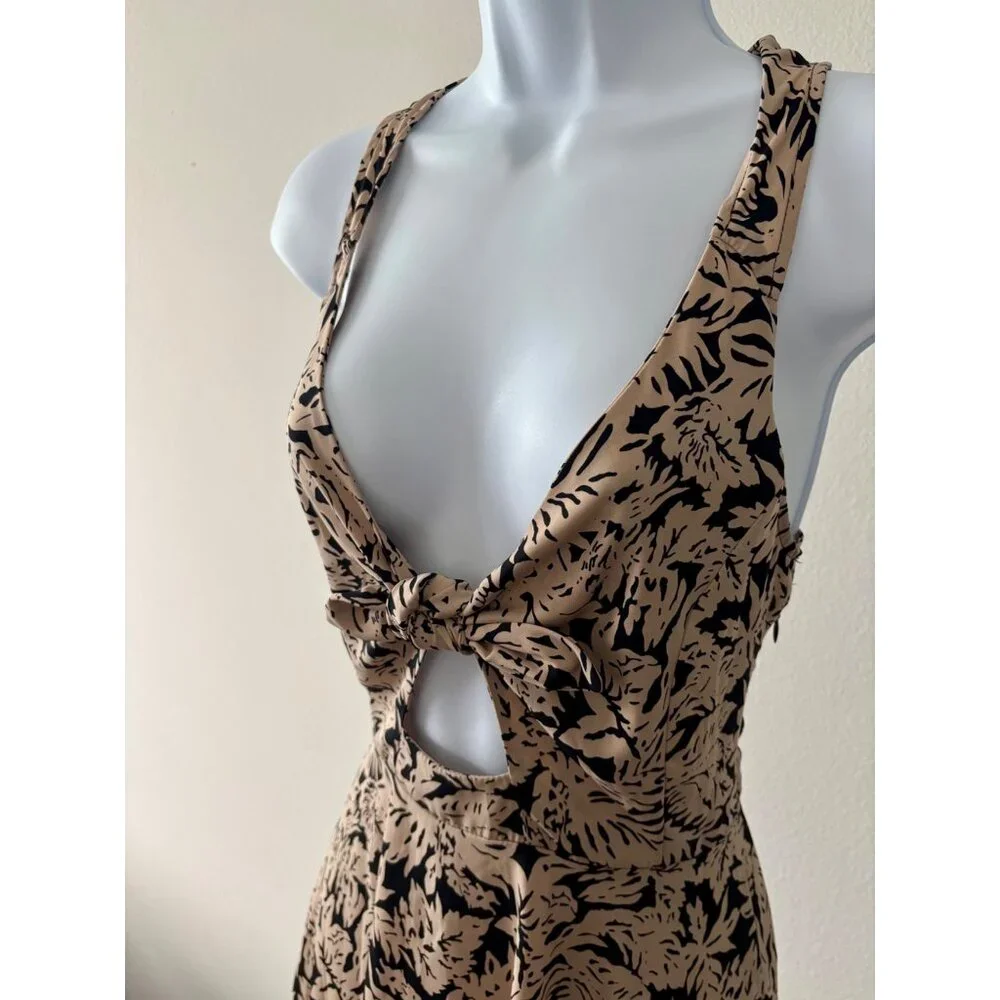 Y2K Floral Mini Dress M Skater Tie Front Back Cutout Festival Boho Chic Resort - Picture 9 of 13